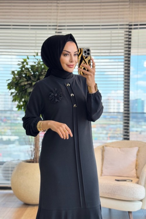 LYL118 Sahra Volanlı Düğmeli Elbise Siyah
