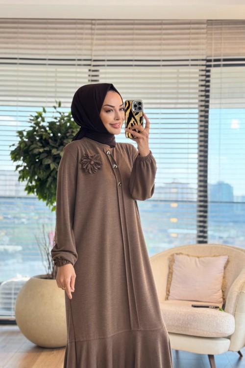 LYL118 Sahra Volanlı Düğmeli Elbise Vizon