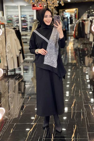 M240227 Triko Garnili Etekli Takım Siyah