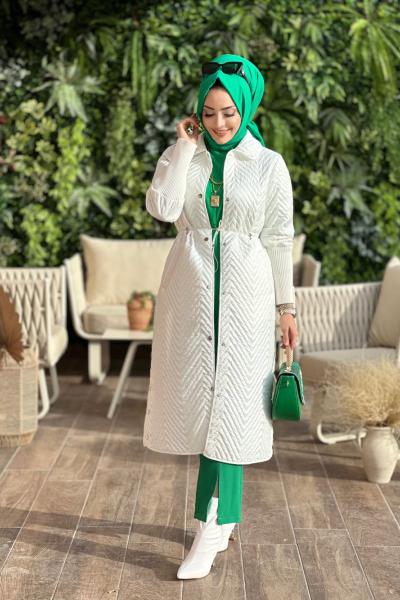 MB15140 Zikzak Desen Kol Ucu Ribanalı Uzun Kaban Ekru