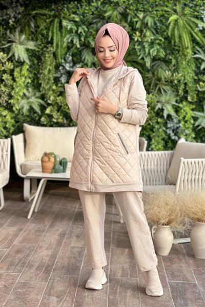 MB24365 Kapitone Yelek 3lü Takım Bej