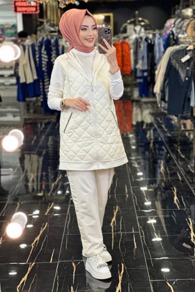 MB24365 Kapitone Yelek 3lü Takım Ekru