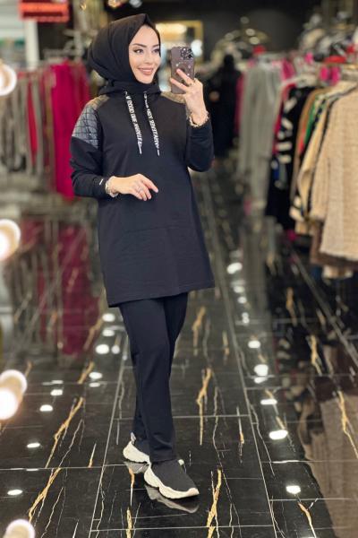 MB24472 Deri Kapitone Detaylı Takım Siyah