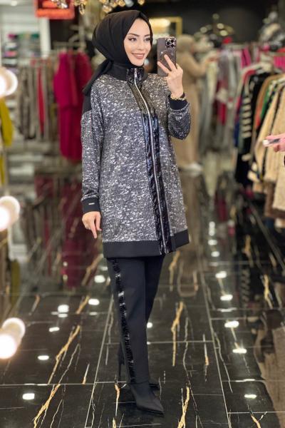 MB24538 Fermuarlı Rugan Detaylı Takım Siyah