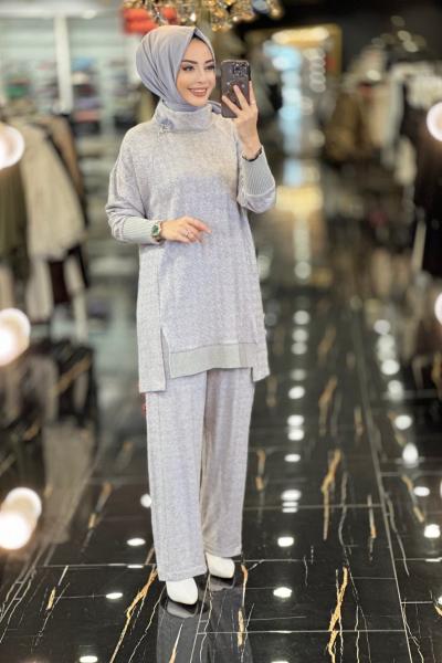 MB24547 Simli Kazayağı Desen Triko Pantolon Takım Gri