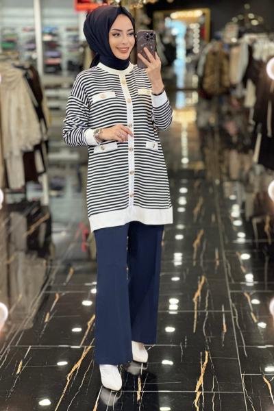 MB24575 Çizgili Düğmeli Triko Pantolon Takım Lacivert