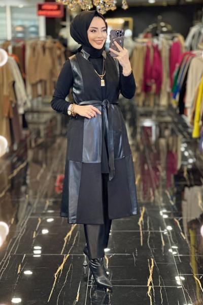 MB280035 Deri Detaylı Yelek Siyah