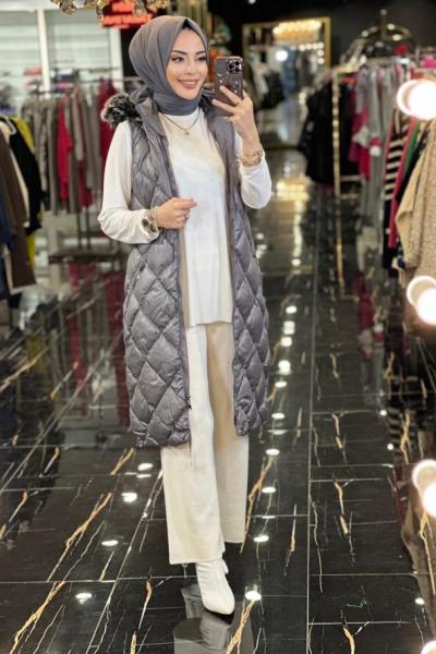 MB280113 Baklava Desen Şişme Yelek Gri