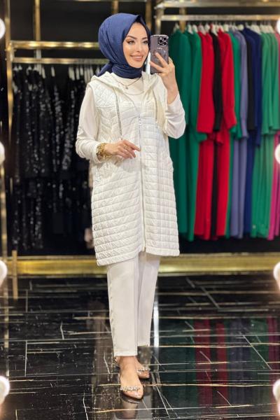 MB2859 Taşlı Kordonlu İnce Yelek Ekru