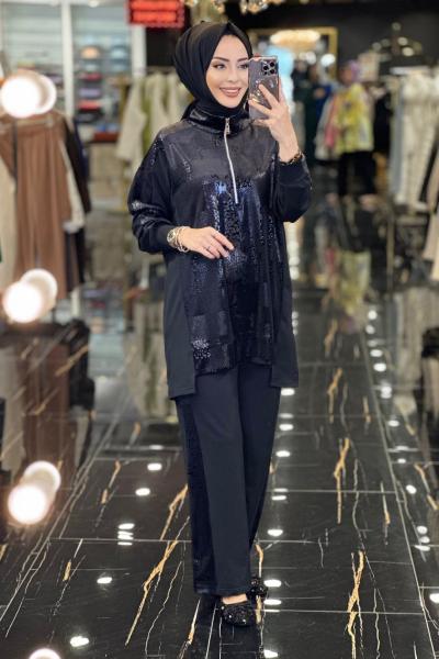 MM240228 Ön Ve Kolu Kadife Detaylı Takım Siyah