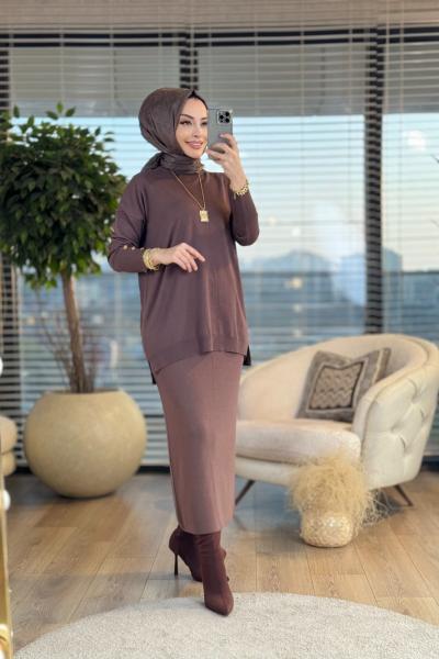 MRW1100 Kolları Metal Düğmeli Triko Tunik Kahve