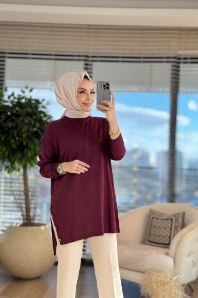 MRW1101 Tek Yan Verev Triko Tunik Bordo