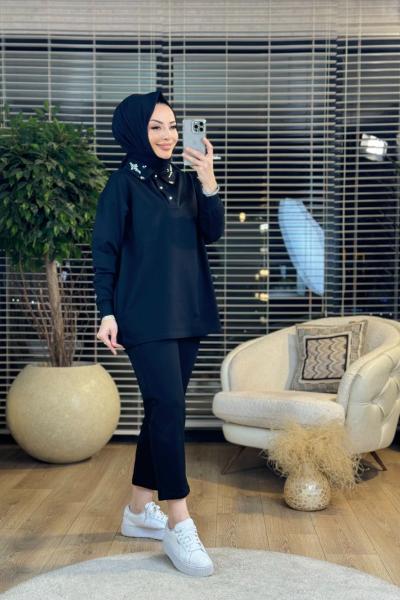 MRW1169 Yaka Taş İşlemeli Takım Siyah