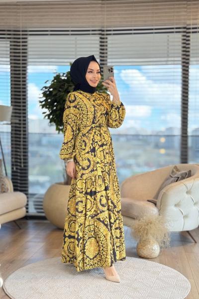 MRW1217 Desenli Önden Düğmeli Elbise Siyah Sarı