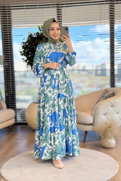 MRW1241 Desenli Önden Düğmeli Elbise Ekru Çağla