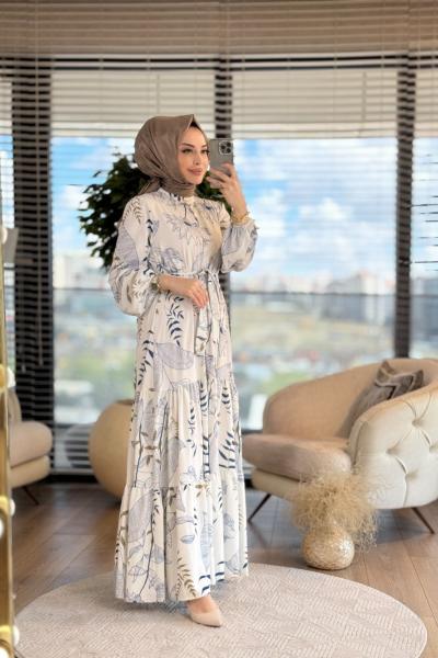 MRW1242 Desenli Önden Düğmeli Elbise Ekru İndigo