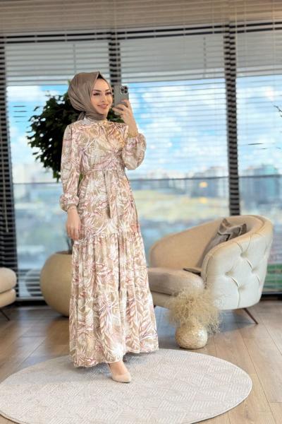 MRW1244 Desenli Önden Düğmeli Elbise Vizon