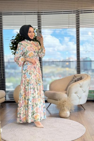 MRW1255 Desenli Önden Düğmeli Elbise Ekru Yeşil