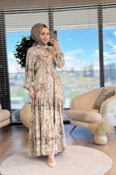 MRW1256 Ağaç Desenli Elbise Haki