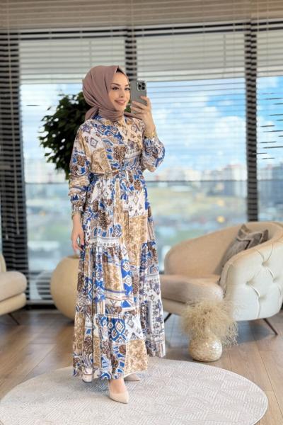 MRW1299 Flower Elbise Mavi