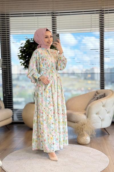 MRW1373 Fas Çiçek Desenli Elbise Çağla