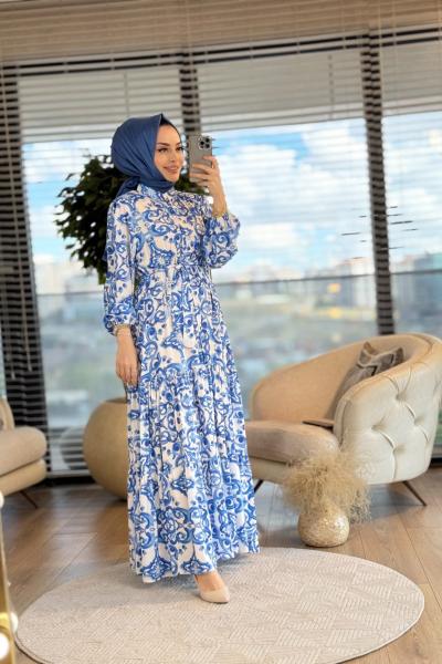 MRW1390 Desenli Önden Düğmeli Elbise Ekru İndigo