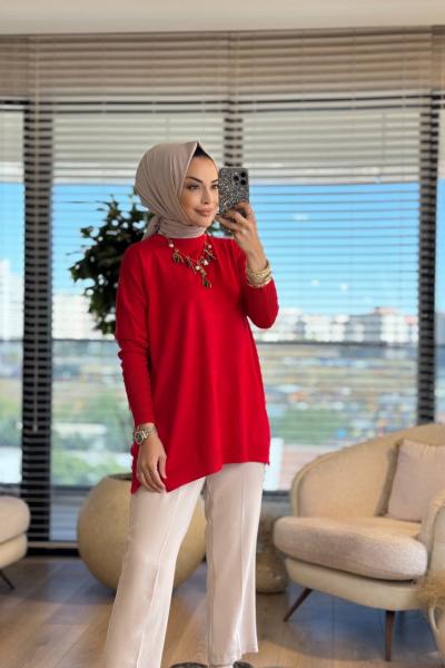 MRW1503 Basic Düğme Triko Tunik Kırmızı