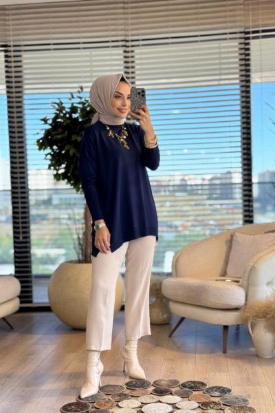 MRW1503 Basic Düğme Triko Tunik Lacivert