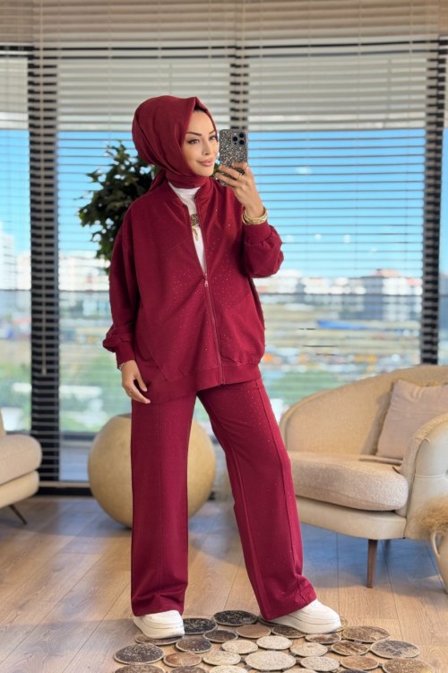MRW1593 Önü Taşlı Pantolonlu Takım Bordo