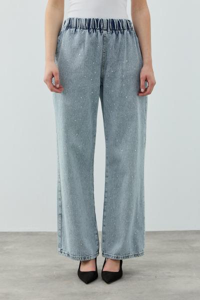 MRW1693 Palazzo Taşlı Denim Pantolon Mavi