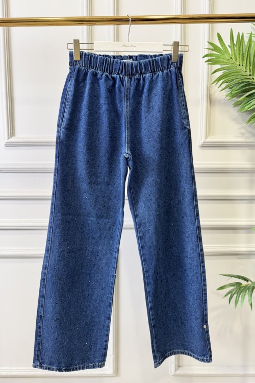 MRW1693 Palazzo Taşlı Denim Pantolon Lacivert