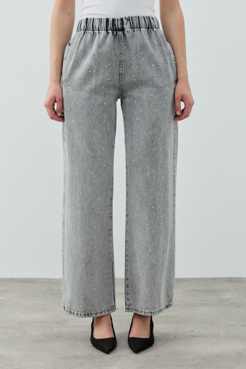 MRW1693 Palazzo Taşlı Denim Pantolon Gri