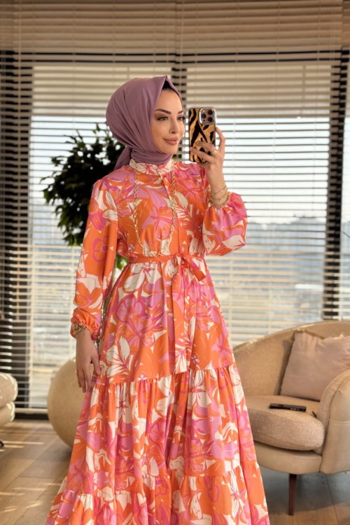 MRW1734 Desenli Elbise Oranj