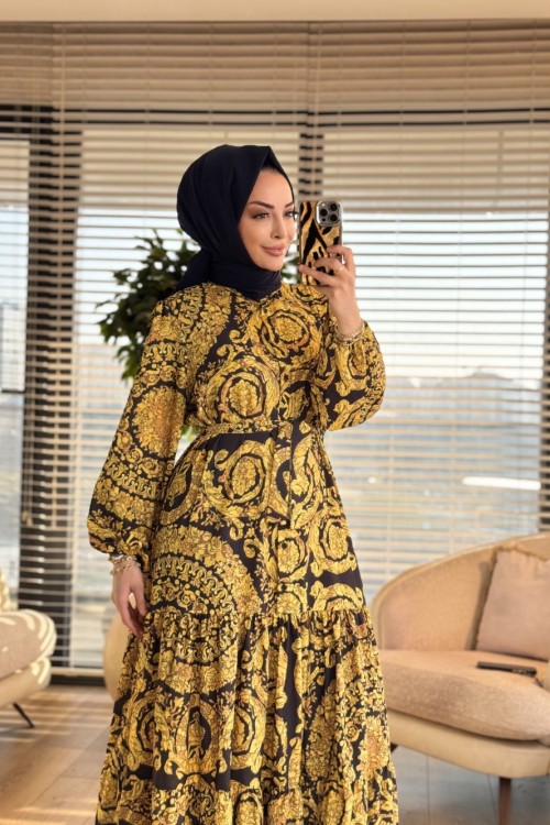 MRW1745 Desenli Elbise Gold