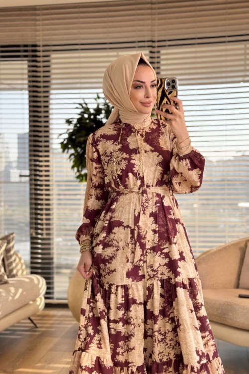 MRW1750 Desenli Elbise Bordo
