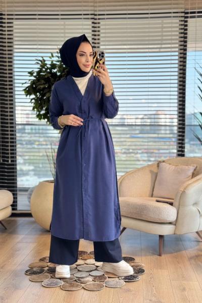 MRW1794 V Yaka Düğmeli Uzun Keten Gömlek Lacivert