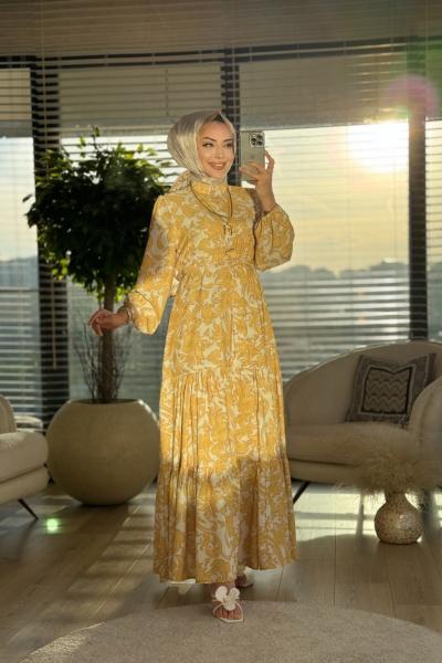 MRW869 Dal Desenli Elbise Ekru Sarı