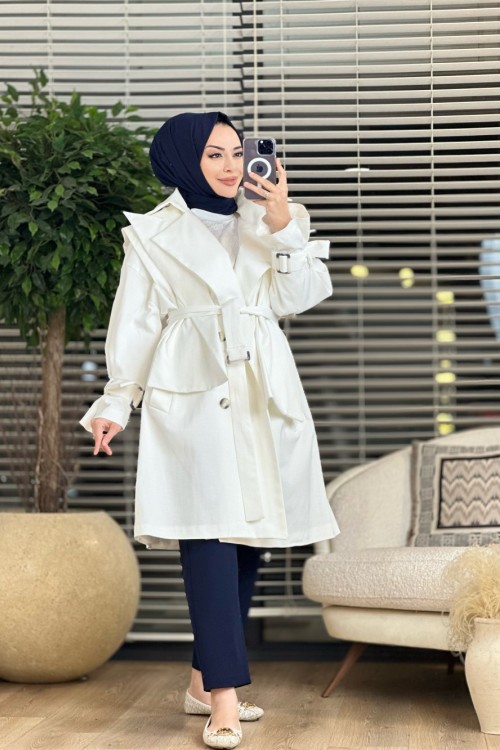 MY-6036 Takma Yakalı Trenç Ekru
