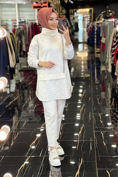 PMQ5022 Scuba Kend.Kare Desen Parçalı Takım Ekru