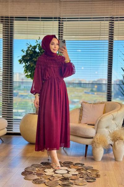 PR5708 Şifon Üstü Lastik Büzgülü Elbise Bordo