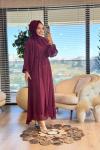 PR5709 Şifon Taş Baskı Yaka Büzgülü Elbise Bordo
