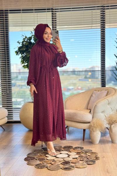 PR5709 Şifon Taş Baskı Yaka Büzgülü Elbise Bordo