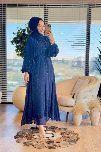 PR5709 Şifon Taş Baskı Yaka Büzgülü Elbise Lacivert