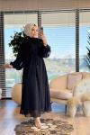 PR5709 Şifon Taş Baskı Yaka Büzgülü Elbise Siyah