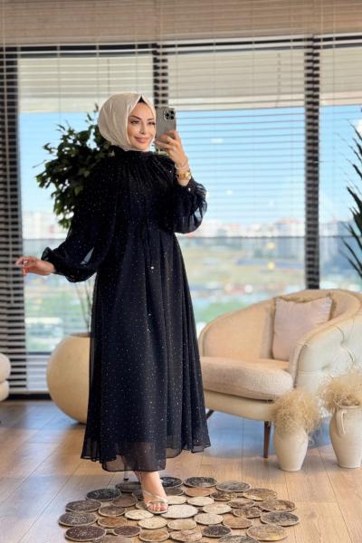 PR5709 Şifon Taş Baskı Yaka Büzgülü Elbise Siyah