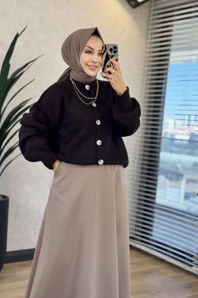 T-1014 Önü Düğmeli Triko Hırka Mürdüm