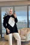 T8508 Önü Zikzak Desenli Triko Tunik Siyah