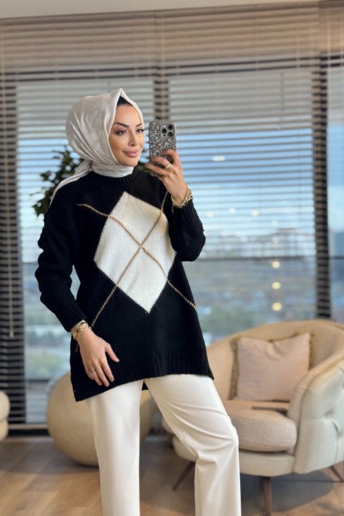 T8508 Önü Zikzak Desenli Triko Tunik Siyah