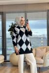 T8698 Baklava Desenli Triko Tunik Siyah