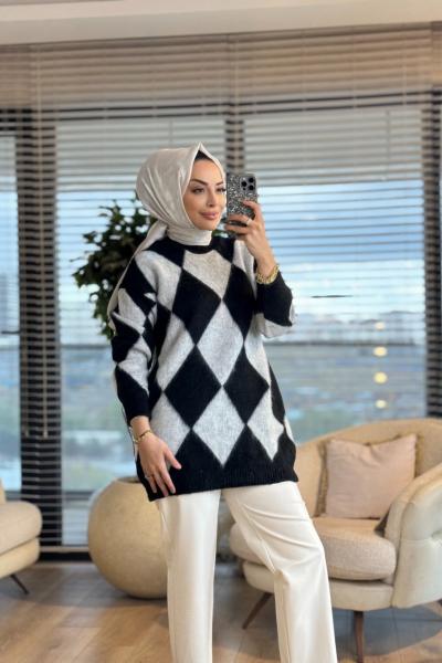 T8698 Baklava Desenli Triko Tunik Siyah